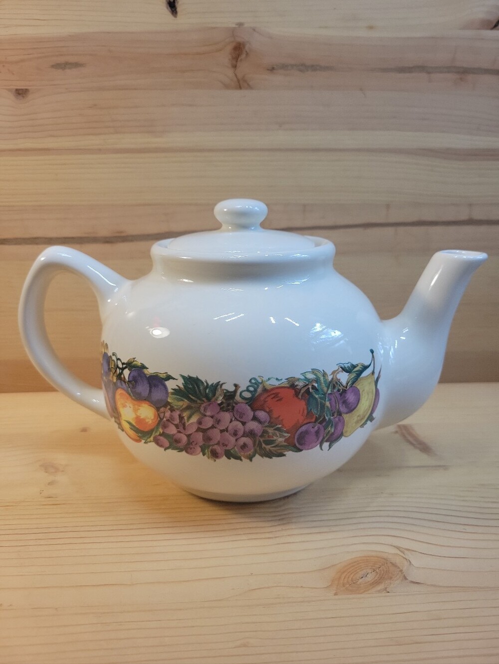 Cornucopia White Ceramic Teapot Fruit Pattern Pottery 48 oz